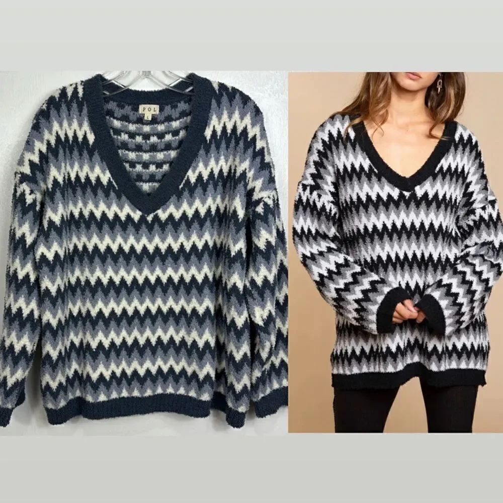 POL Relaxed Fit V-Neck Chevron Print Pullover Sweater Size L